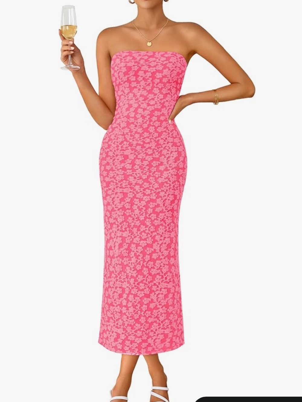 Strapless Pink Floral Bodycon Midi Dress